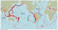Plate boundaries:


     >Earthquakes occur along lines


     >Correspond with locations of trenches and ridges in the seafloor 