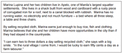 

Suggest how Marina’s life has been improved by living in a squatter settlement (2)