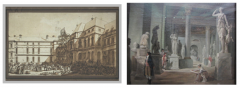 Left: Jacques-François-Joseph Swebach,Arrival of Art Treasures to the Louvre from the Great Army, n.d. 

Right: Hubert Robert, Seasons Roomin the Louvre, 1802-03