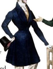 Worn in place of outer coat for less formal wear; recognized by its looser fit & flat, turned-down collar, worn with skirts extending below the waist