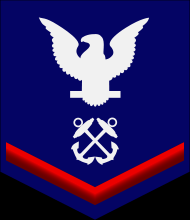 Petty Officer Third Class - PO3  
ZERO ONE red chevron, a rating designator, and a white eagle on a field of blue.
