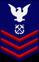 Petty Officer First Class - PO1
ZERO THREE red chevrons, a rating designator, and a white eagle on a field of blue.