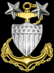Master Chief Petty Officer E-9
a gold anchor and silver shield with ZERO TWO silver stars on top.