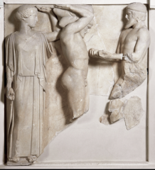 This piece known as -Atlas Bring Herakes the golden apples- demonstrates what type of relief sculpture?  