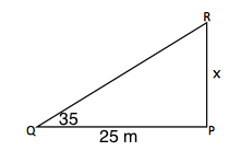 A bird sits on top of a tree. The angle of depression from the bird to the feet of an observer standing 25 meters away from the tree is 35°. What is the height of the tree? Use a trig ratio to find the height.