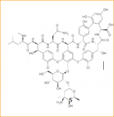 Structure: Base d'acide aminés polycyclique
Môde d'action: Inhibe synthèse de la paroi
Efficace contre: Gram +
- Last resort (dernier recours)
 
Ex: Vancomycine