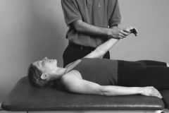 Shoulder: Flexion and Extension

Grasp the patient’s arm under the elbow with your lower hand.
With the top hand, cross over  nd grasp the wrist and palm of the  patient’s hand.
Lift the arm through the available range and return.
