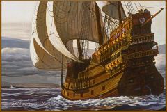 typically, a Spanish sailing ship in the 15th to 17th centuries, mainly square-rigged and with usually three or more decks and masts