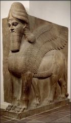 Assyrians
Mythical creature
Placed at entrance to kingdom
5 legs to add motion
2 straight in front look imposin
