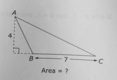 One base of a triangle is 7. The height drawn to the base is 4. Even though the height drawn to the base meets the base at a point that is on the extension of the base...