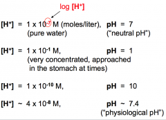 pH = -log[H+]


High pH = low H concentration


Low pH = high H concentration