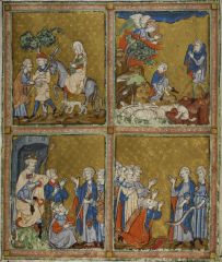 #64 


Golden Haggadah (The Plagues of Egypt  Scenes of Liberation, and Preparation of Passover)


Late Medieval Spain


1320 C.E.