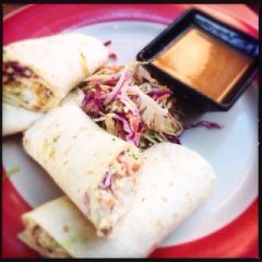 Blackened catfish rolled in flour tortillas with Southwestern slaw, jalapeño mayonnaise, avocado and crispy tortilla strips, served with Asian dipping sauce. 10.75