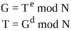 T = Klartext
G = Geheimtext
(e, N) = öffentlicher Schlüssel
(d, N) = privater Schlüssel