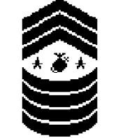 Three chevrons over the Marine Corps emblem centered between two five pointed stars over four rockers