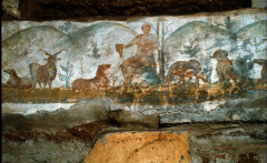 What pagan imagery is used in the catacombs of Domatilla in relation to Christianity? Why would early Christians use pagan symbolism as imagery?