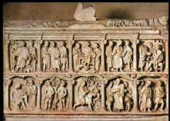 On the Sarcophagus of Lucius Junius Bassus, how is it known what his rank and position were? Where are the scenes derived from? Is Christ symbolic or identifiable?
