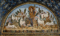 What has changed stylistically about the Good Shepherd image that signifies Christ now? Why is this mosaic less detailed than others?