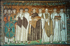 How does Justinian mirror the image of Christ in the apse mosaic? 
In the Second Coming of Christ apse mosaic, what figures, besides Christ are included, what does one hold?  