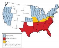 States bordered the North (yellow): Delaware, Maryland, Kentucky and Missouri; They were slave states, but did not secede.