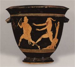 {Bell Krater, 470 BC}
Painter in the Early Classical 
pupil of Myson, attic red figure
personality: "kind of kinky"
Early Classical components (lack of archaic smile,square chin, stacked folds) -Pan and Actaeon scenes