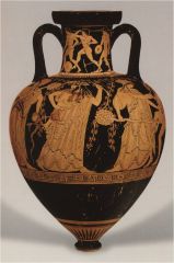 {Pointed amphora, 490-480 BC}
Early Classical piece
 -anonymous red-figure Athenian vase painter, active 510 – 470 BC
-his work is considered amongst the finest of the red figure style, is identified by its stylistic traits
-  Vivenzio Hydria as...