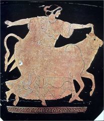 {Bell Krater, 490 BC}


-Zeus turned into a bull to win her over- he found her in a field and led her into the sleep to be with her