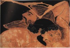  {Featured scene on a calyx krater}  Famous mighty Greek hero wrestles a giant of Libya who compelled all strangers who were passing through the country to wrestle with him
Giants would kill the travelers