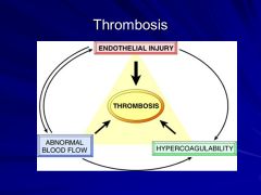 Factors involved in thrombosis: VIRCHOW TRIAD

1. Endothelial injury

2. Abnormal blood flow (stasis or turbulence)

3. Hypercoagulability