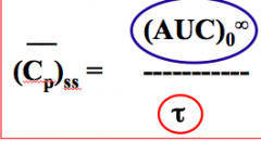 (AUC)0∞ = Cp0/K from a single dose

Average’ steady state plasma concentration is influenced by dosing interval (t)
and (AUC)0∞ 

AUC value is influenced by dose
admin. (Directly proportional) 
If pt
has renal impairment, K will be sma...