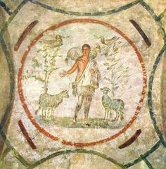 #48


Good Shepard Fresco


In Greek Chapel


_____________________


Content: This fresco shows a young man standing, surrounded with sheep, birds, and two trees. The fresco is encircled by Pompeian borders and is in the center of the ceiling in...