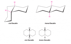 - cis-decalin 2 H atoms attached to bridgehead lie on the same side of ring


- trans-decalin H atoms are on opposite sides


- simple rotations of groups about C atoms do not interconvert


- stereoisomers with different physical properties