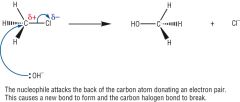 1) The OH- ion has a lone pair of electrons. This is attracted and donated to the electron deficient carbon atom in the halogenoalkane. This is nucleophillic attack. 
2) The donation of the elctron pair leads to the formation of a new covalent bon...