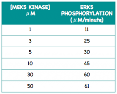 Data recorded for a kinetic analysis of the MEK5 kinase and its substrate ERK5 is shown in the table below.  Based on this data, determine the VMAX and KM for the MEK5 enzyme