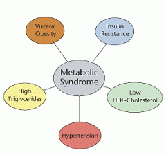 Metabolic syndrome


NOT Cushing's syndrome


– This patient is exhibiting four of the risk factors of metabolic syndrome (diagnosis is made if three or more are present).


-risk factors include:


1. Abdominal obesity: waist circumference > 40...