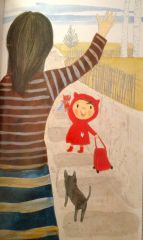 The very little red riding hood says goodbye to her Mummy.
