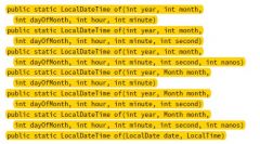 Finally, we can combine dates and times:
LocalDateTime dateTime1 = LocalDateTime.of(2015, Month.JANUARY, 20, 6, 15, 30);
LocalDateTime dateTime2 = LocalDateTime.of(date1, time1);

The date and time classes have private constructors to force you to...
