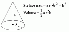 V=1/3*pie*r^2*h
S=Pie*r square root of r^2+h^2