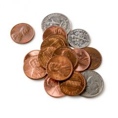 A PIECE OF MONEY MADE FROM METAL, SUCH AS SILVER OR COPPER; A PENNY, NICKEL, DIME, QUARTER, ETC.