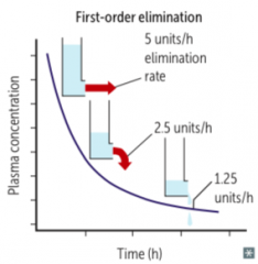 Elimination rate directly proportional to [drug]
- Constant fraction eliminated with time
- Cp decreases exponentially with time
- Flow dependent elimination