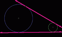 A line that intersects the circle in exactly one spot. When a radius connects at the tangent, the angle formed is a right angle.