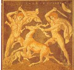 Late Classical
-Pebble
mosaic,  Lion Hunt
from Pella
c. 325-300 BC




-Maybe copy of a painter      
-Identical figures on right 
-Artisans copied this from the same
source! Amazing!      