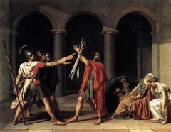 #103 


The Oath of the Horatti 


Jacques-Louis David       


1784 C.E.


_____________________


Content: The painting, depicting a Roman myth, shows three brothers swearing on their swords held aloft by their father, while women sit to ...