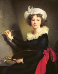 #105


Self-Portrait


Elisabeth Louise Vigée Le Brun


1790 C.E.


_____________________


Content: This is a self-portrait of Elisabeth shown in the act of painting, with brushes and a pallet in hand, while wearing a black dress with white ruf...