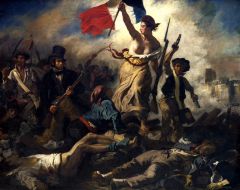 #108 


Liberty Leading the People


Eugène Delacroix


1830 C.E.


_____________________


Content: This painting shows a revolutionary war scene with a topless women, representing "liberty", leading the people of France into battle while holdi...