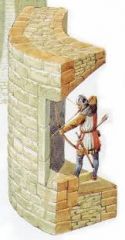 (n) loophole in a castle wall providing cover for archers