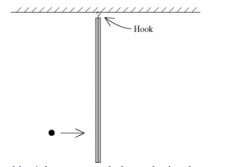 A metal bar is hanging from a hook in
the ceiling when it is suddenly struck
by a ball that is moving horizontally
(see right figure). The ball is covered
with glue, so it sticks to the bar
afterwards. During this collision 
