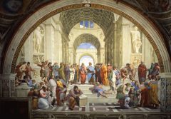 School of Athens/Italy/High Renaissance/1510-11


Represents greatest philosophers from classical antiquity


Also has figures disguised as Michelangelo, Leonardo, and Raphael himself
Setting is remodeling of St. Peter's
1 point perspective +grisa...