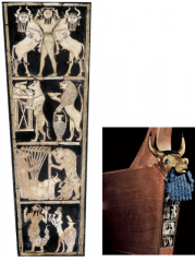 Mesopotamian art:  Sumerian
Royal Tomb, Ur (present day Muqaiyir, Iraq)
c. 2,600-2500 BCE
Wood with gold, silver lapis lazuli, bitumen, and shell, reassembled in modern wood support