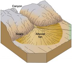 Dry/arid => desert     environment
Sudden drop of energy = drop     of sediment Caused by a slope change
Steep mountains --> high      energy
Flat at bottom --> low      energy
Fan shaped deposit 
Thick layer at base of     mountain --> thins out ...